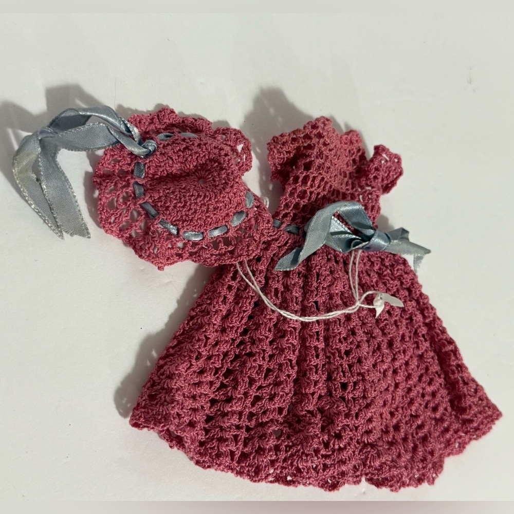 Vintage Crocheted Barbie Dress & Hat In Mauve W/Blue Ribbon Accents Handcrafted